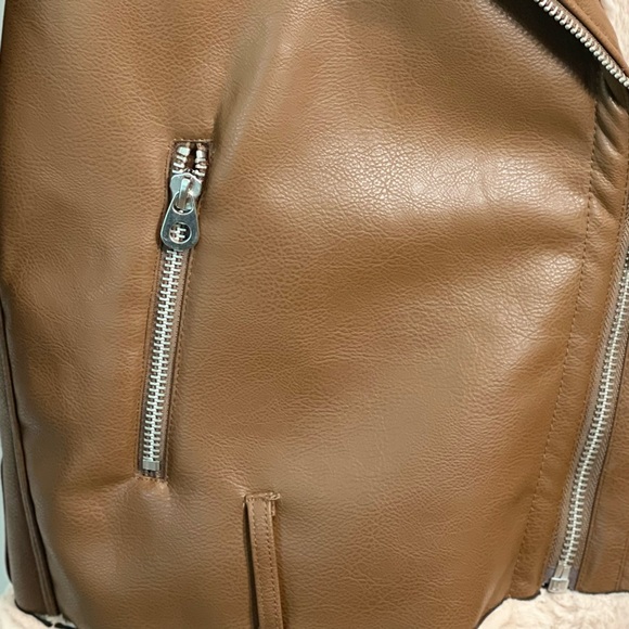 H&M Divided Brown Vegan Leather Shearling Faux Fur Oversized Moto Biker Jacket - Picture 4 of 9